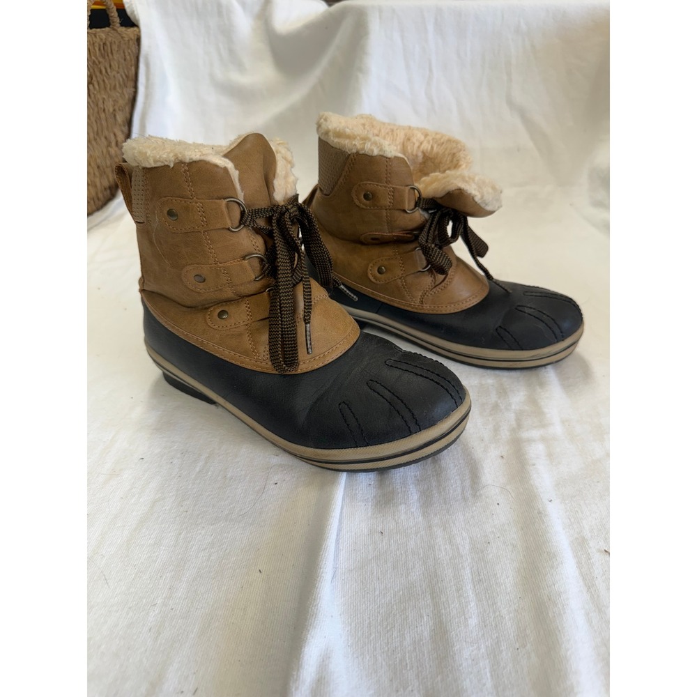 Pawz Womens Winter Duck Boots Tan Black Faux Shearling Lined Lace Up Size 8